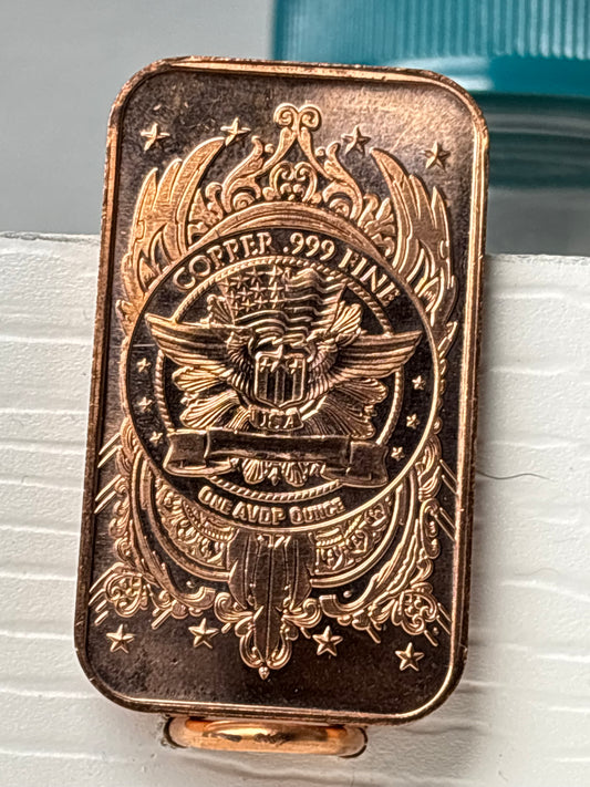999 fine pure copper 1 Oz mini bar